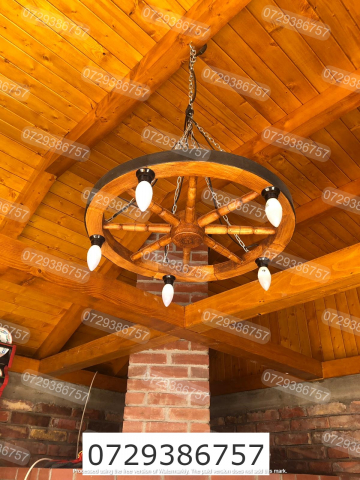 Lustre Rustice - Lustra Rusticã din Lemn cu Roată și 5 Dulii E14 – Iluminat Interior Rustic