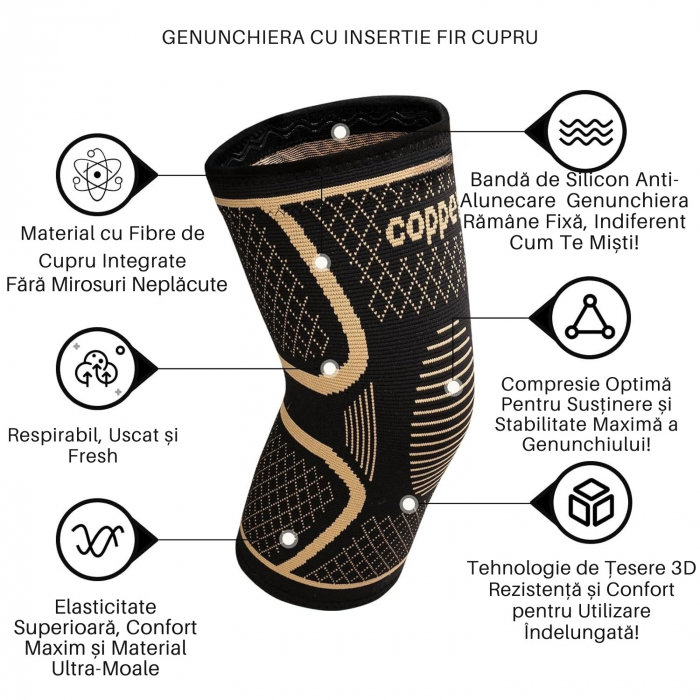 Genunchieră Compresivă cu Ioni de Cupru, 1 Bucată, Protecție și Susținere pentru Genunchi, Anti-Alunecare, Unisex [4]