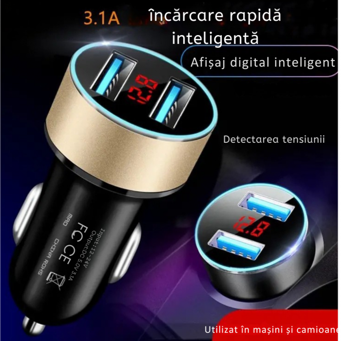 Încărcător USB Rapid pentru Mașină - 2 Porturi, RGB LED [3]