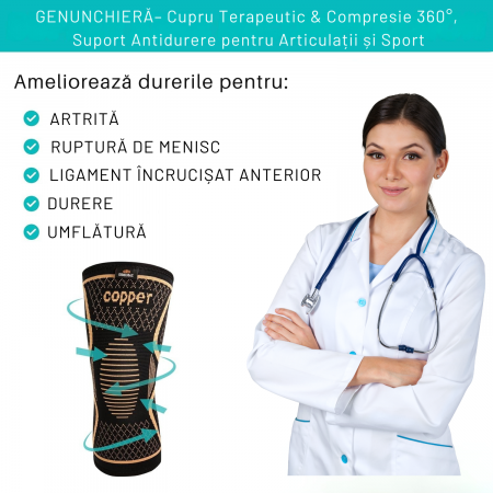 Genunchieră Compresivă cu Ioni de Cupru, 1 Bucată, Protecție și Susținere pentru Genunchi, Anti-Alunecare, Unisex [1]