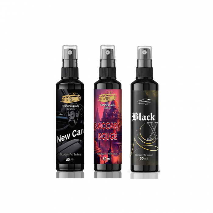 Pachet 3 Odorizante Auto 50ml – New Car, Baccarat, Black X – Arome Premium pentru Mașina Ta [1]