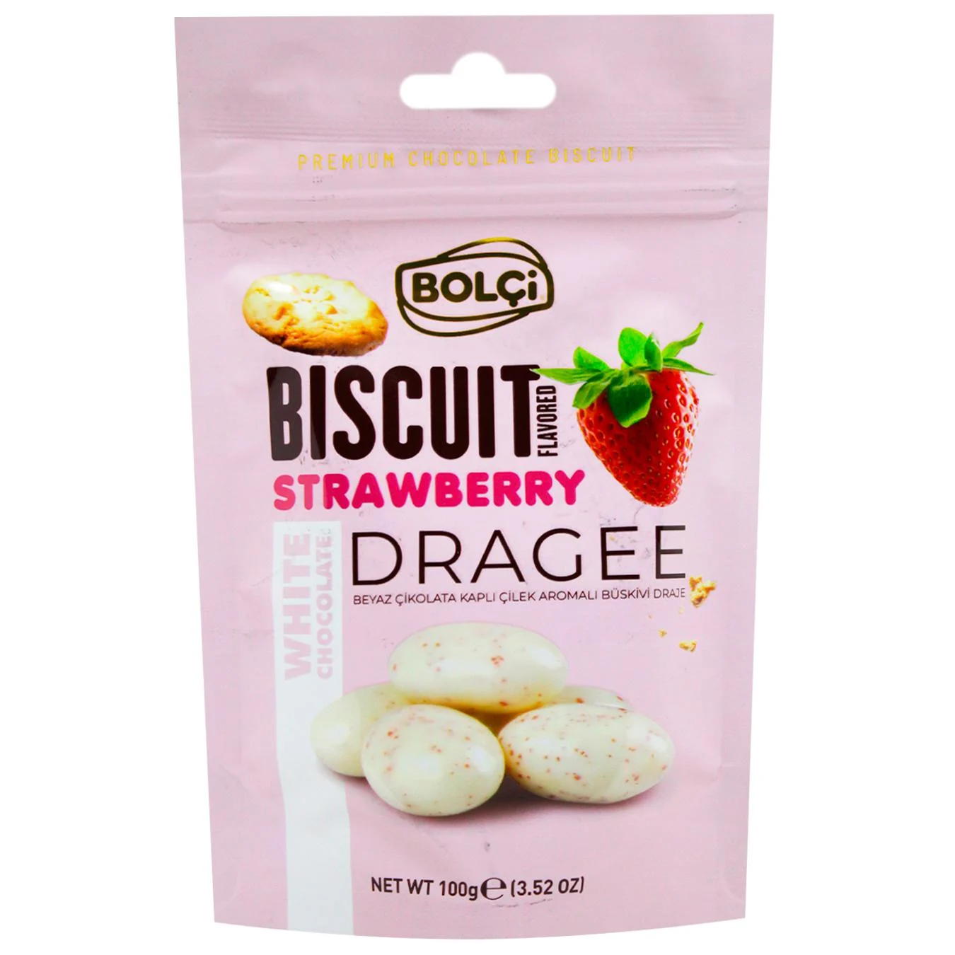 CIOCOLATA - BOLCI Drajeuri cu aroma de capsuni si biscuite, acoperite cu ciocolata alba, 100 gr