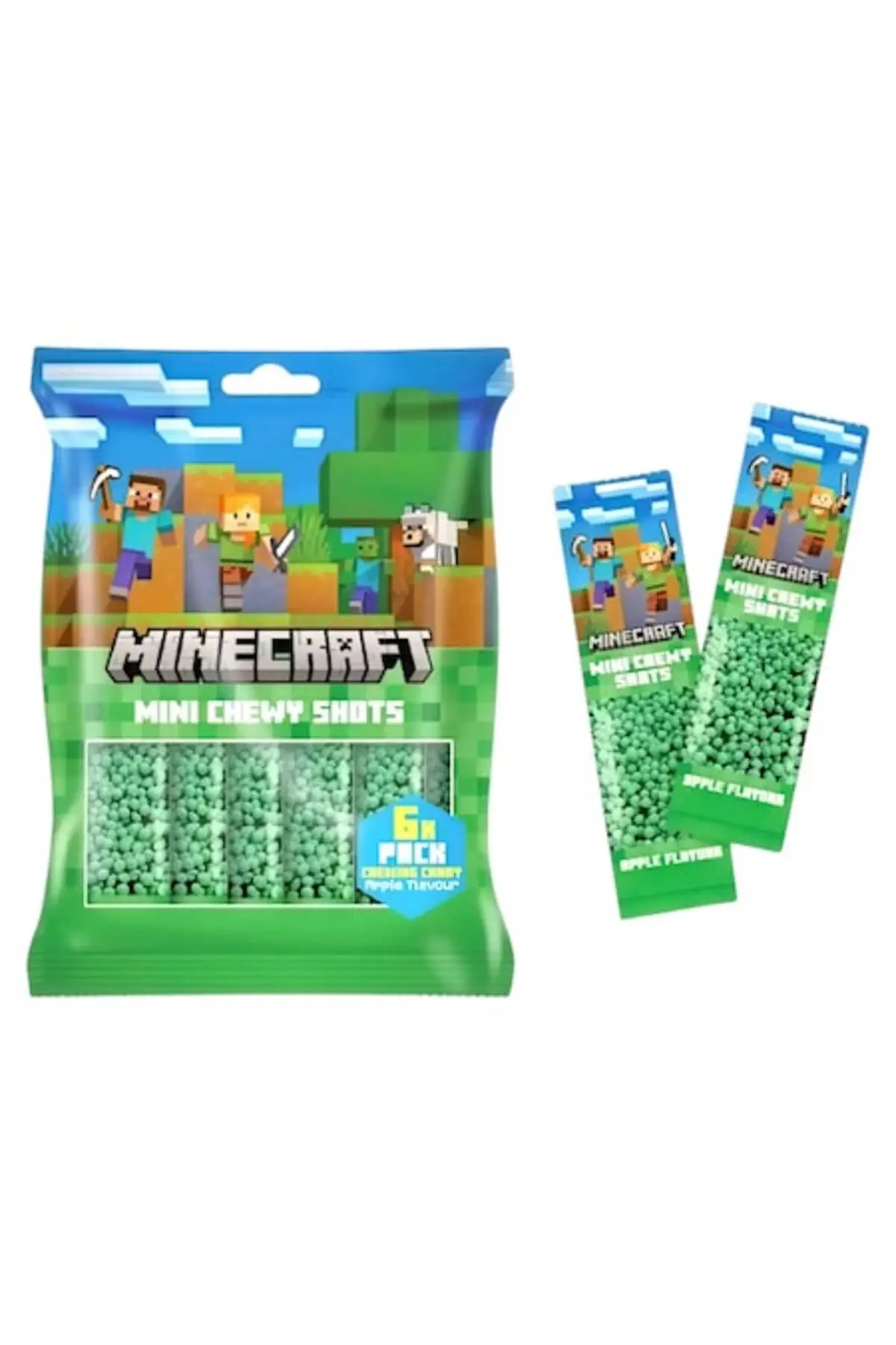 BOMBOANE SI JELEURI - Minecraft Mini Chewy Shots, mini caramele cu gust de mar verde, 6 pack, 90 g