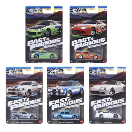 Set 5 Masinute metalice Hot Wheels Silver Series, Fast and Furious Brian O'Conner, Toyota Supra, Mitsubishi Eclipse, Nissan Skyline GT-R, Ford, 1:64, Multicolor [6]