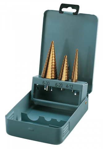 Instrumente de găurit - Set burghie in trepte placate TiN, 3 buc., 4-12 / 6-20 / 6-30 mm