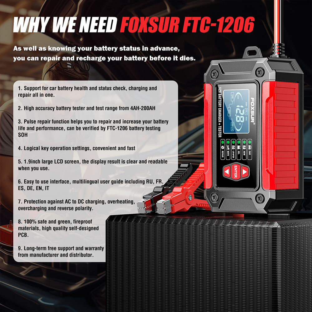 FOXSUR FTC-1206 redresor auto tester baterie 12V pentru AGM GEL LiFePO4