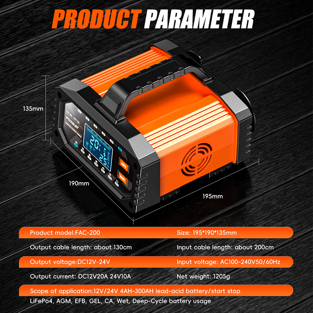Parametri tehnici si dimensiuni redresor auto FOXSUR FAC-200