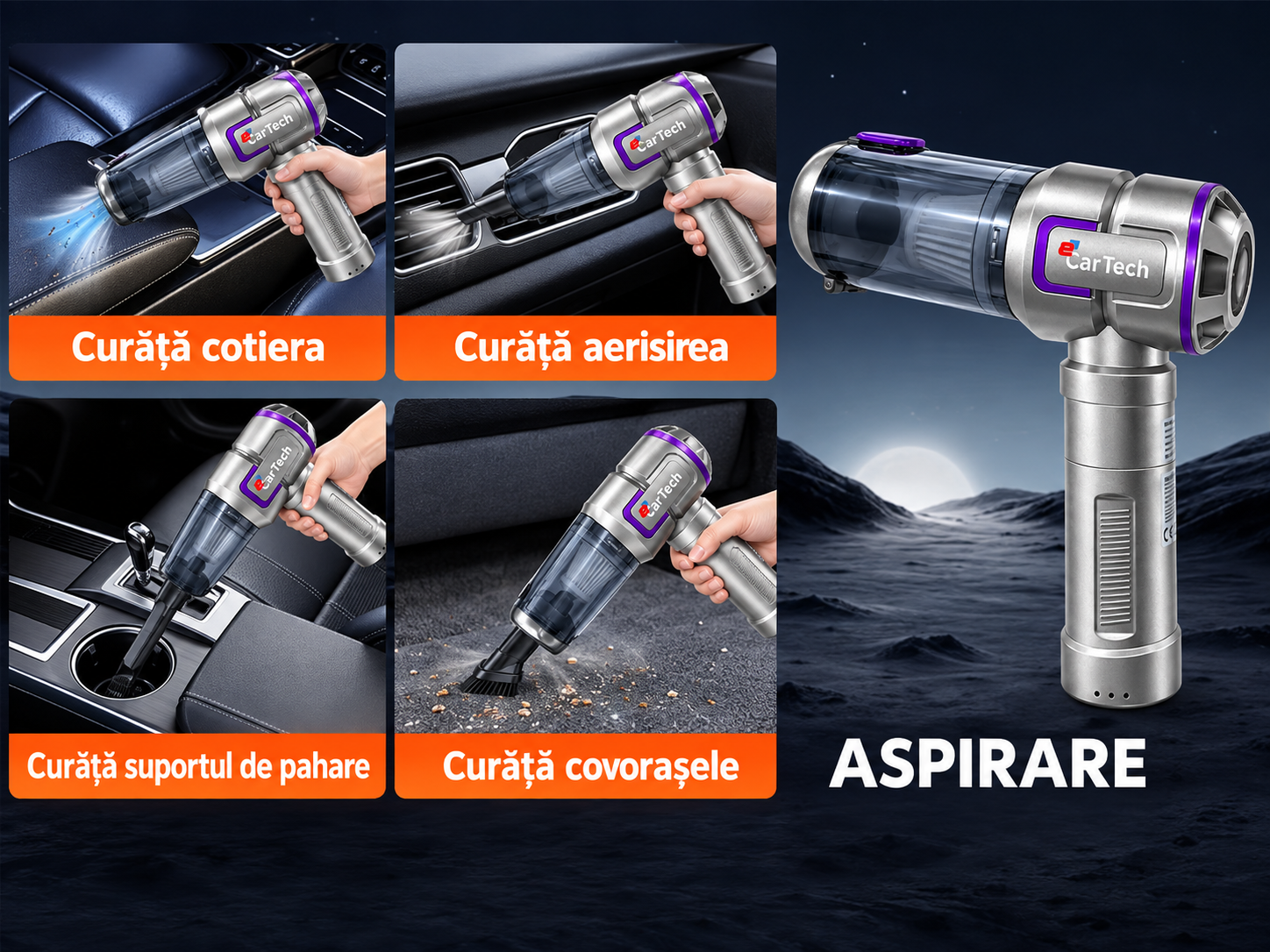 Aspirator auto eCarTech 17000 Pa pentru curățarea interiorului mașinii, grilelor, cotierelor și covorașelor