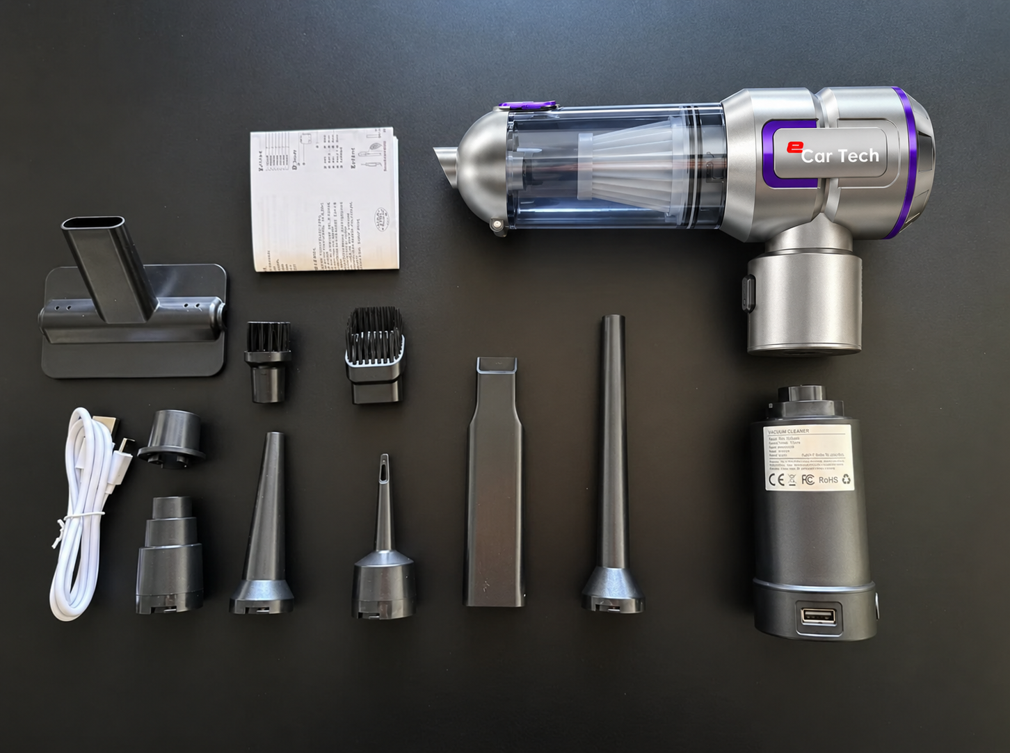 Aspirator auto eCarTech 6705A Plus cu baterie detașabilă și accesorii incluse în pachet