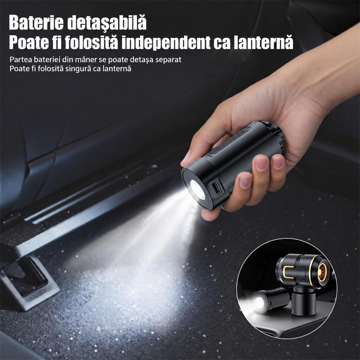 Baterie detașabilă pentru aspirator auto eCarTech cu funcție de lanternă LED