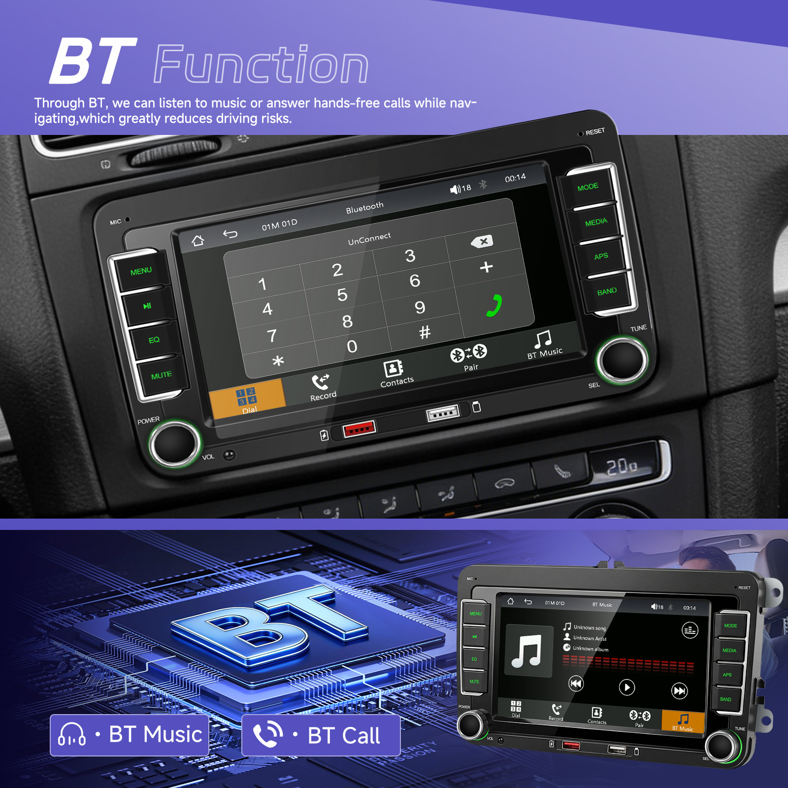 Bluetooth incorporat 5.0 cu redare muzica si apeluri handsfree