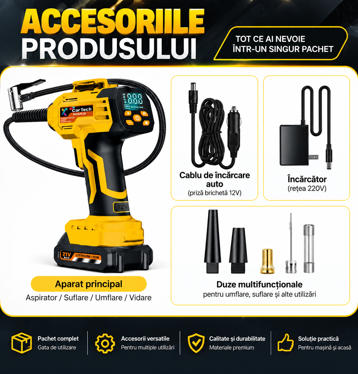 Accesorii compresor eCarTech cablu auto 12V incarcator si duze