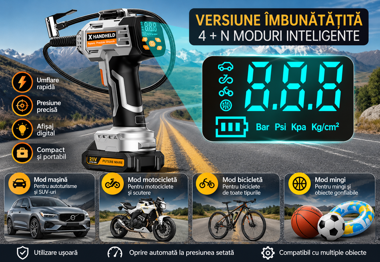 Compresor auto portabil eCarTech 8026 cu display digital si moduri presetate