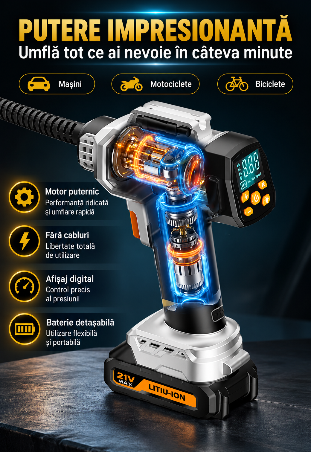 Compresor eCarTech 125W pentru masina motocicleta si bicicleta