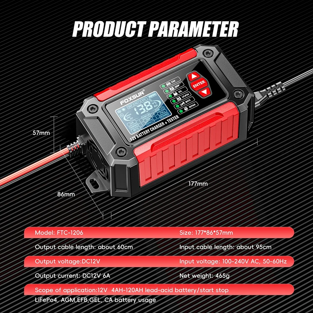Parametri FOXSUR FTC-1206 redresor auto tester baterie 12V
