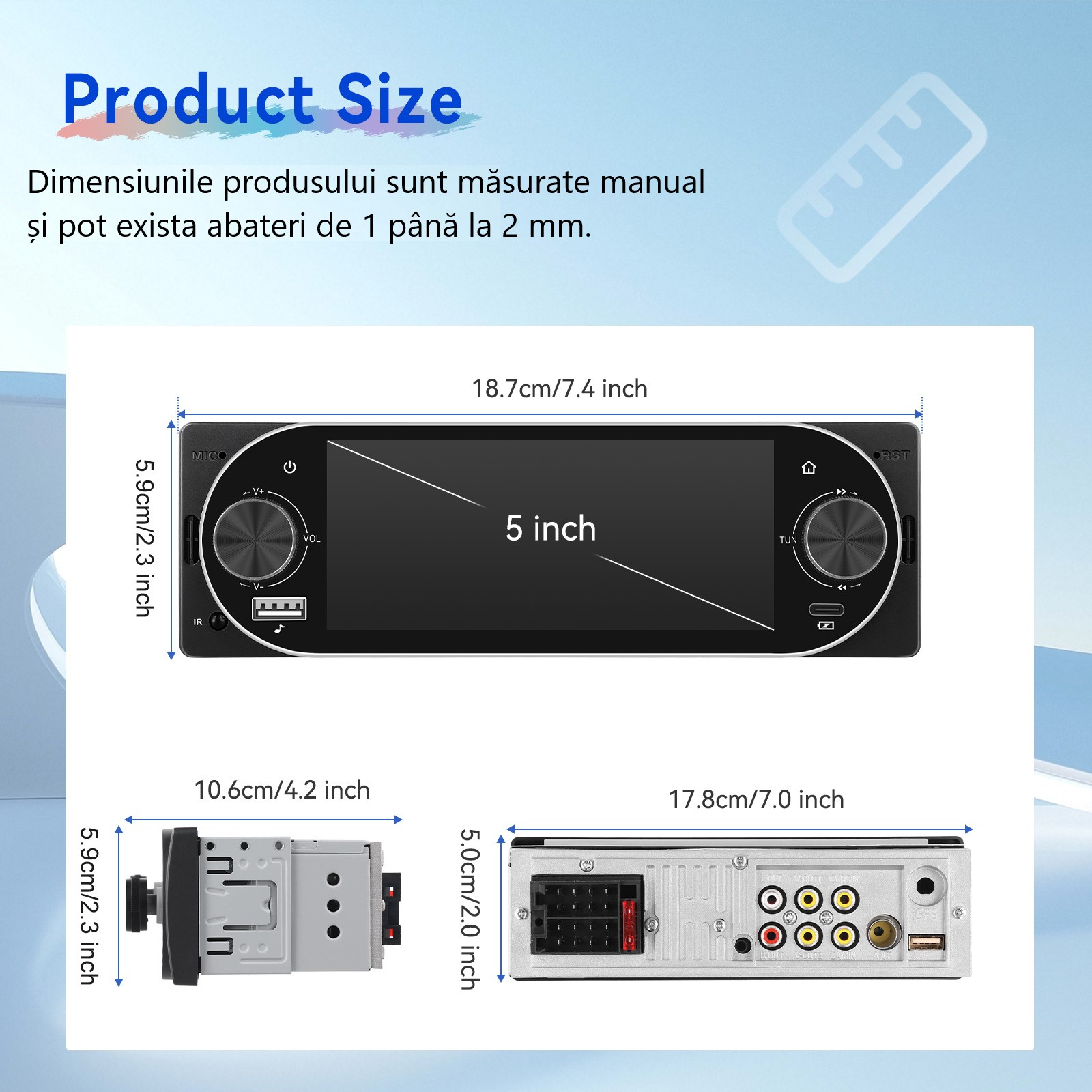 Dimensiuni MP5 Player Auto Universal 1DIN cu ecran de 5,1 inch