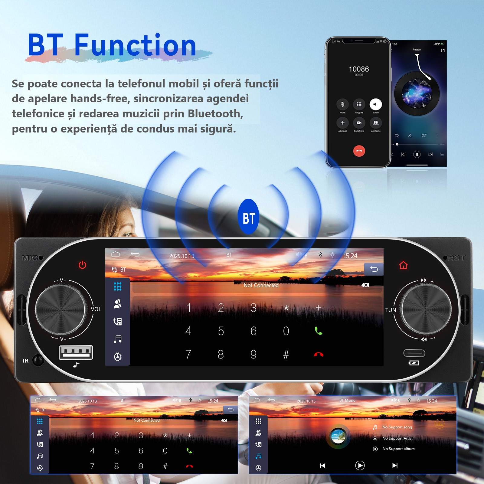Conectare Bluetooth 5.2 pentru apeluri hands-free și muzică pe playerul auto