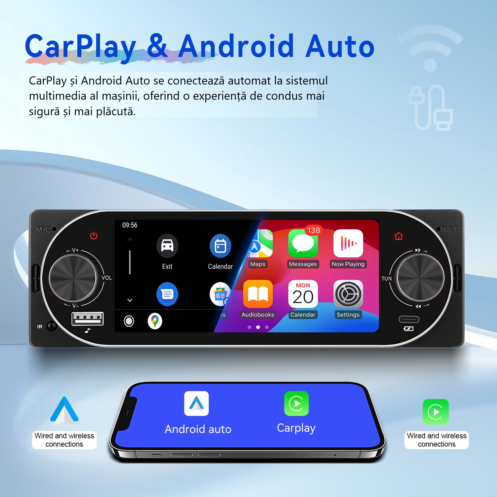 MP5 Player Auto Universal 1DIN cu ecran tactil, Apple CarPlay și Android Auto