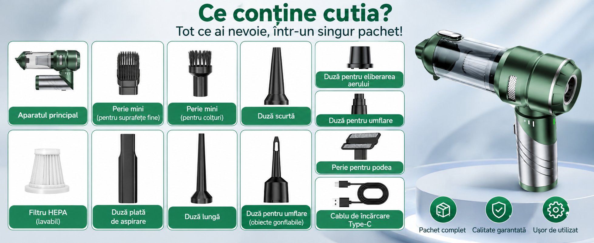 Continut pachet aspirator eCarTech 6693A PLUS cu duze filtru HEPA si cablu Type-C