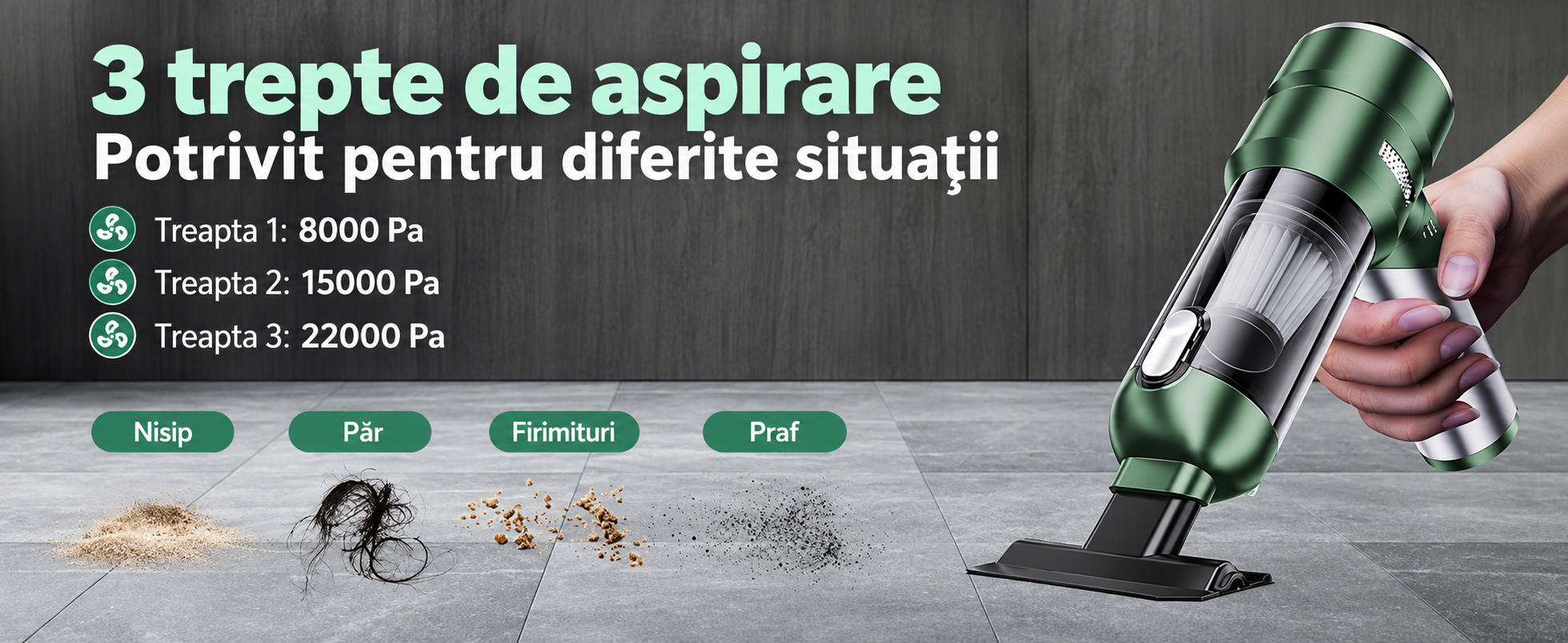 Aspirator auto puternic eCarTech 22000 Pa cu 3 trepte de aspirare