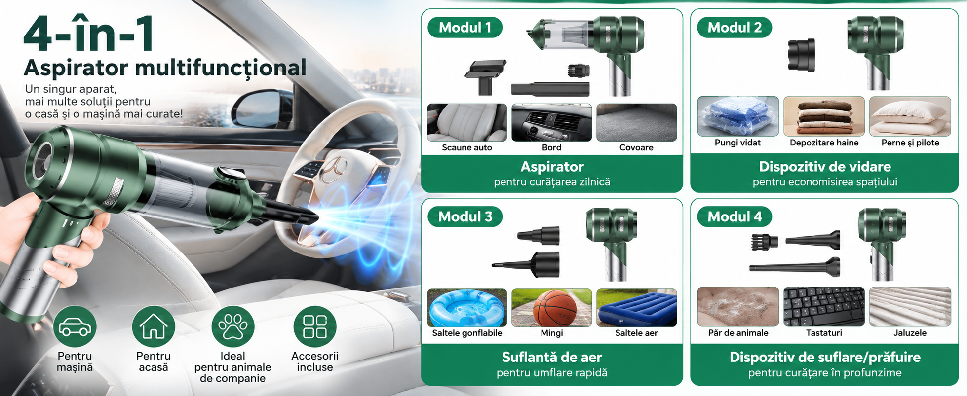 Aspirator portabil eCarTech cu motor Brushless maner pliabil si incarcare Type-C