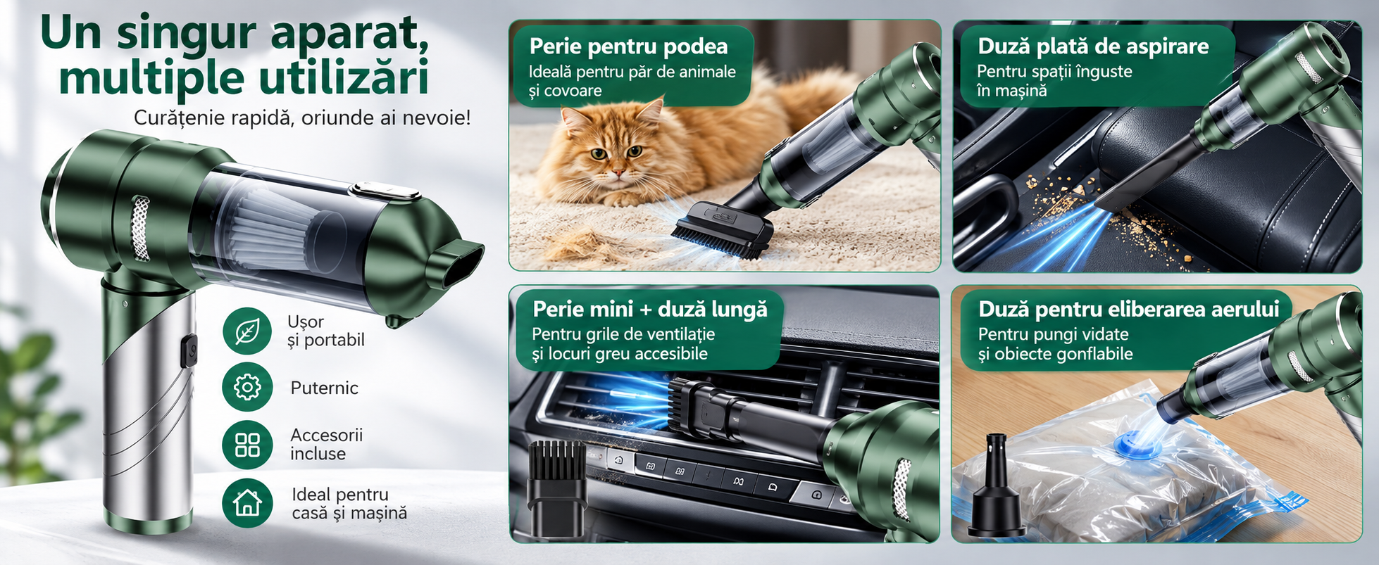 Accesorii aspirator auto eCarTech pentru covoare par animale si spatii inguste