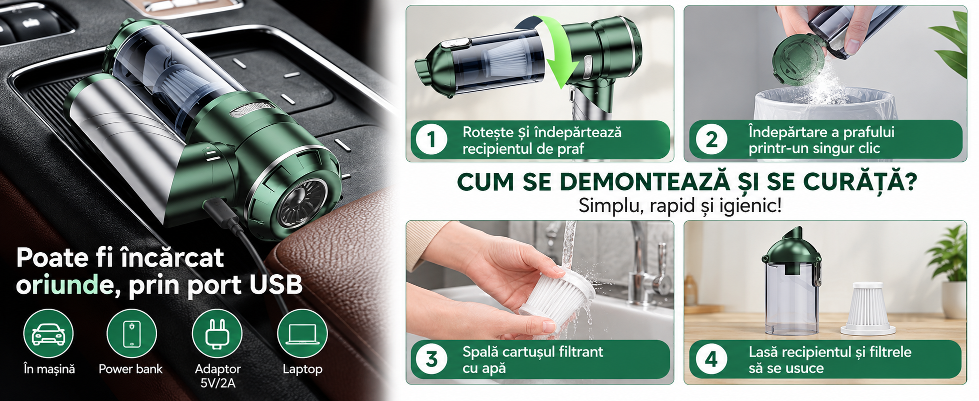 Incarcare USB Type-C si curatare filtru aspirator portabil eCarTech