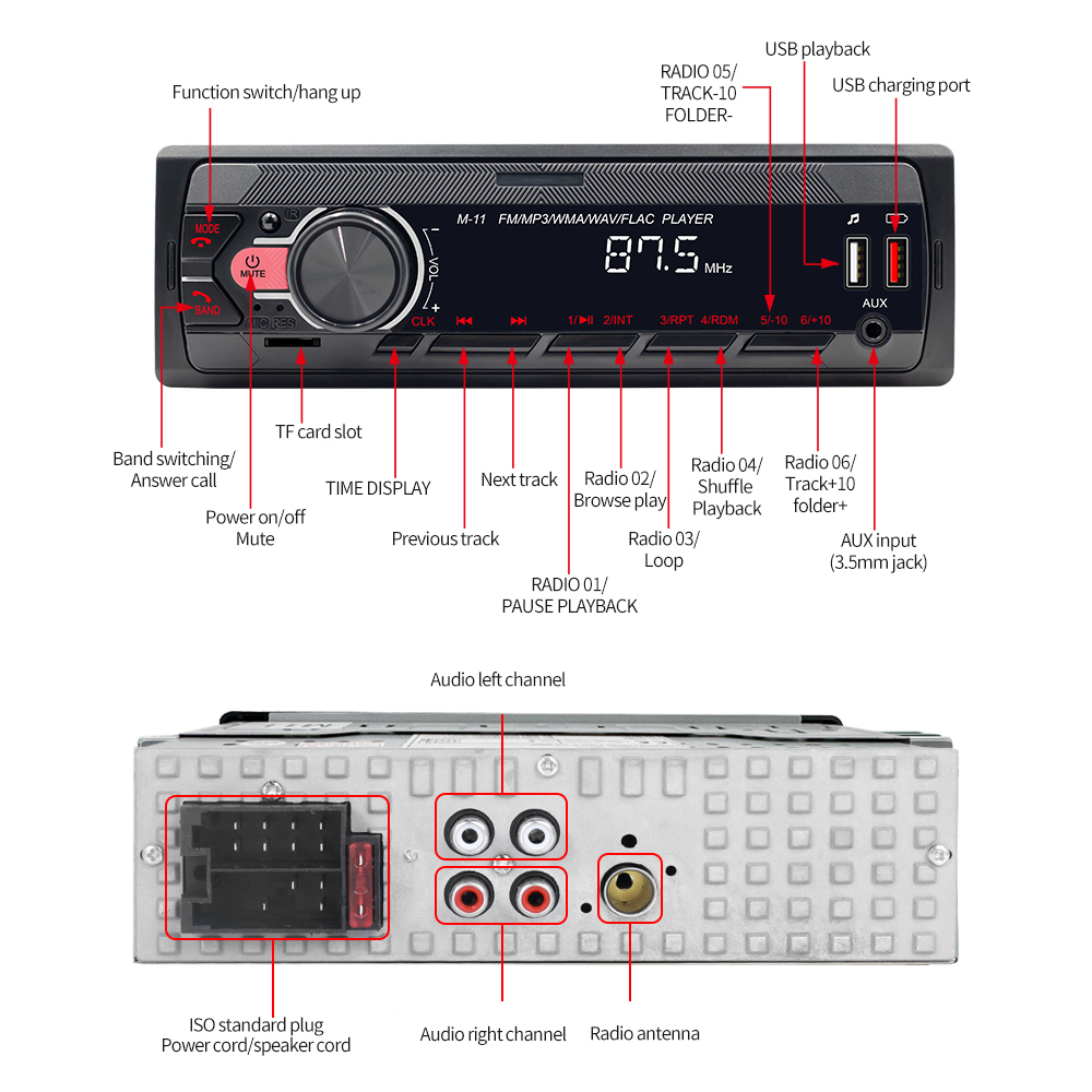 Pachet Audio Auto AKAI, MP3 Player M11 cu Bluetooth, Control prin Aplicație Mobilă, USB, AUX, Radio FM, Lumini RGB + Set 2 Boxe Auto AKAI ACS-696, 6x9”, 5 Căi, 50W [10]