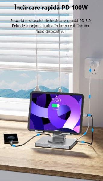 Suport Tabletă cu Hub USB C 7-in 1 Blueendless PD 100W HDMI 4K LAN Slot SDTF USB 3.0 Aluminiu Model ST706A [8]