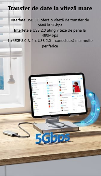 Suport Tabletă cu Hub USB C 7-in 1 Blueendless PD 100W HDMI 4K LAN Slot SDTF USB 3.0 Aluminiu Model ST706A [5]