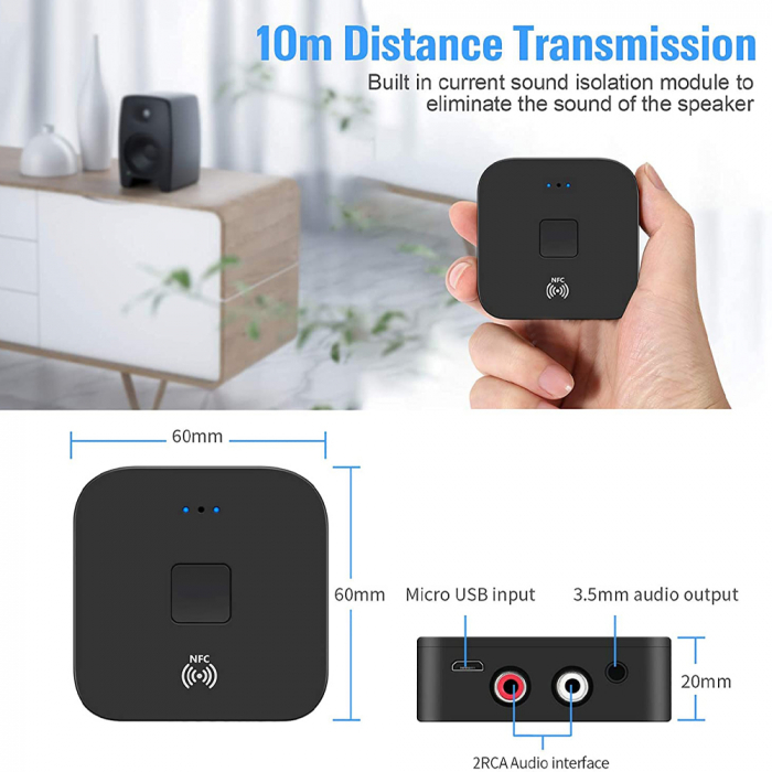 Adaptor Bluetooth MinTech BT200, transmitator si receptor, NFC, A2DP, RCA, AUX, 3.5MM Jack [4]