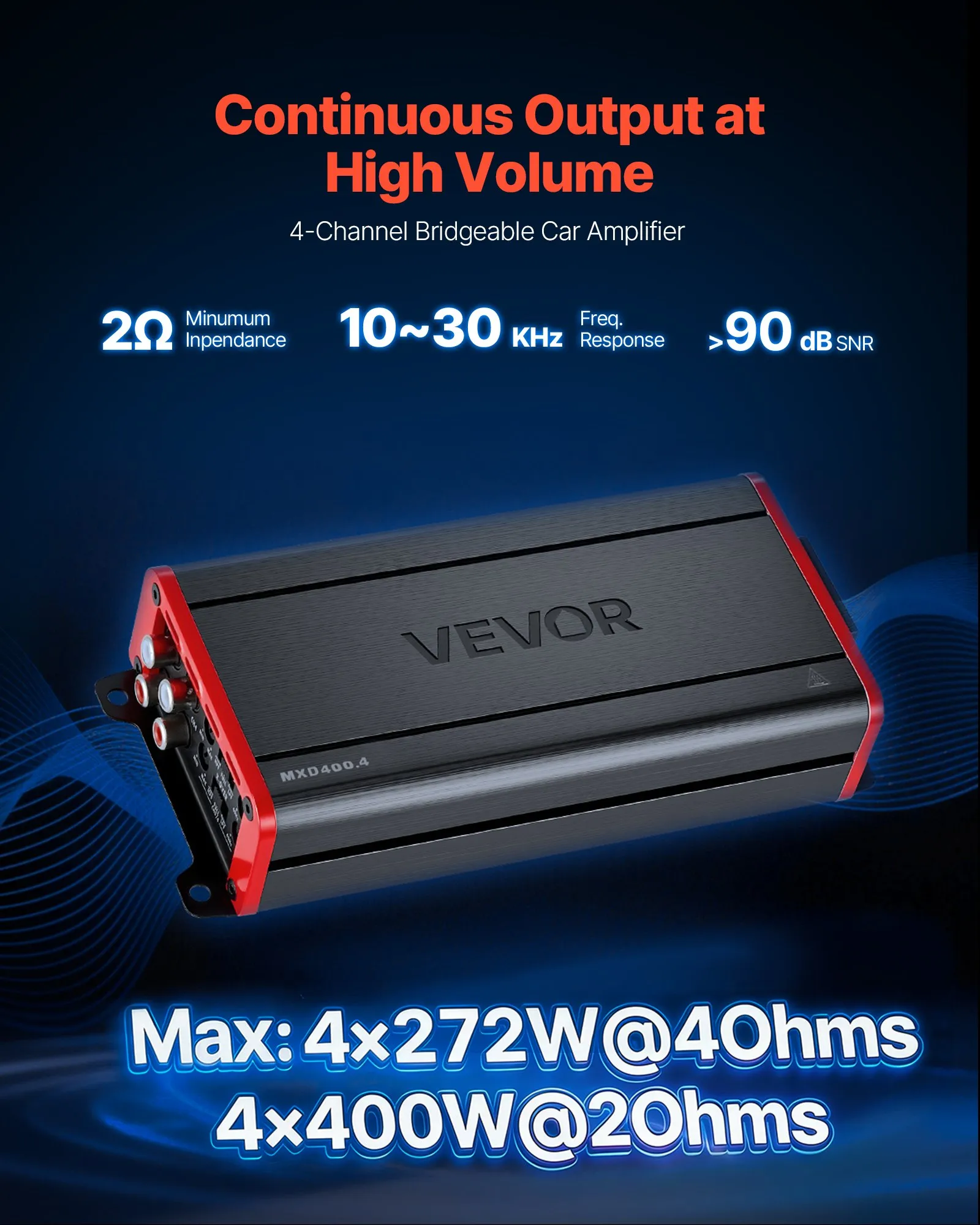 Amplificator audio auto, amplificator auto cu 4 canale, amplificator stereo multicanal clasa D, max. 4 x 272W la 4 ohmi / 4 x 400W la 2 ohmi, putere mare, pentru SUV-uri, camionete și vehicule off-roa [9]