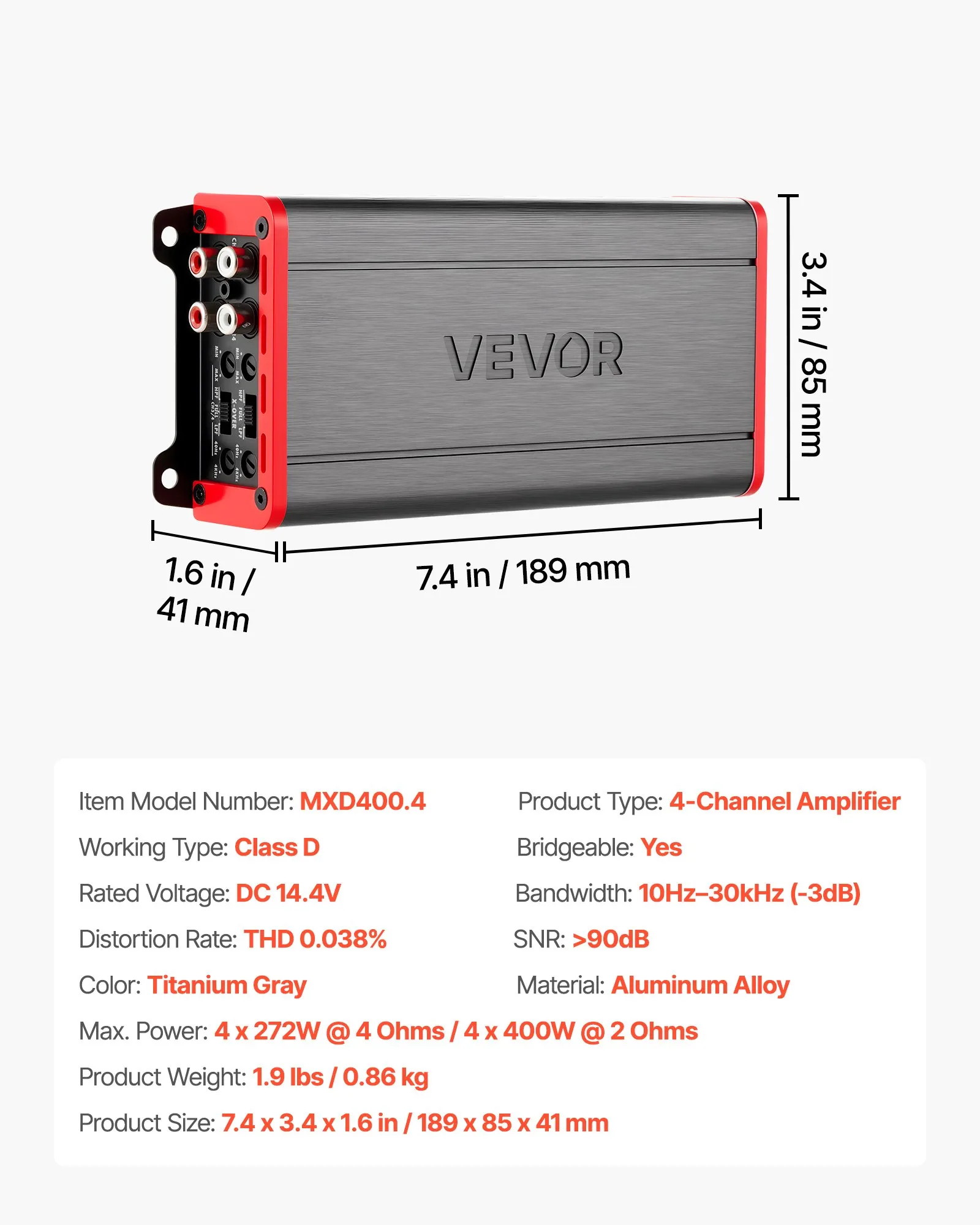 Amplificator audio auto, amplificator auto cu 4 canale, amplificator stereo multicanal clasa D, max. 4 x 272W la 4 ohmi / 4 x 400W la 2 ohmi, putere mare, pentru SUV-uri, camionete și vehicule off-roa [4]