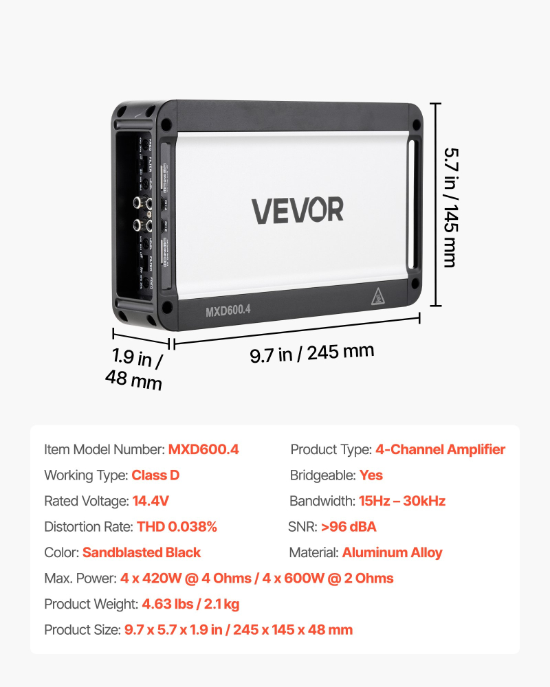 Amplificator audio auto, amplificator auto cu 4 canale, amplificator stereo multicanal clasa D, max. 4 x 420W la 4 ohmi / 4 x 600W la 2 ohmi, putere mare, pentru SUV-uri, camionete și vehicule off-roa [4]