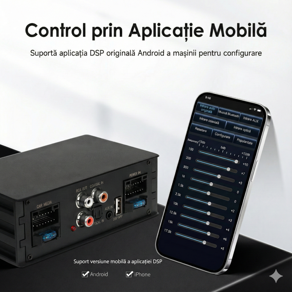 Amplificator Auto DSP 4 Canale 4x50W cu Bluetooth, Intrări Digitale și Control prin Aplicație [4]