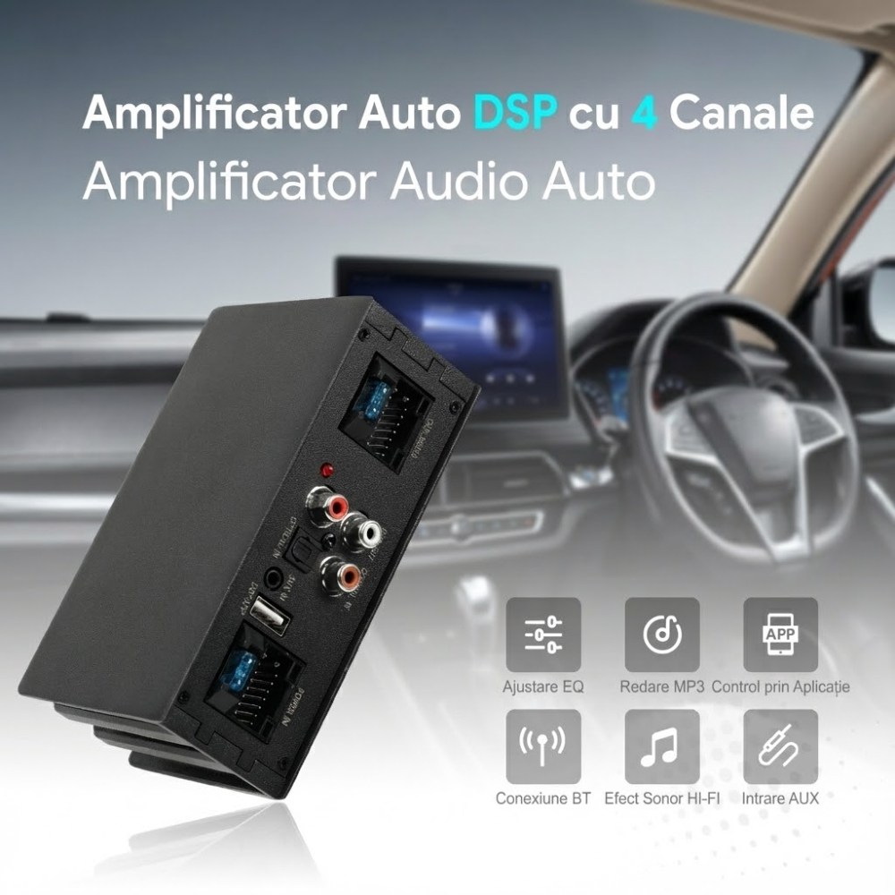 Amplificator Auto DSP 4 Canale 4x50W cu Bluetooth, Intrări Digitale și Control prin Aplicație [3]