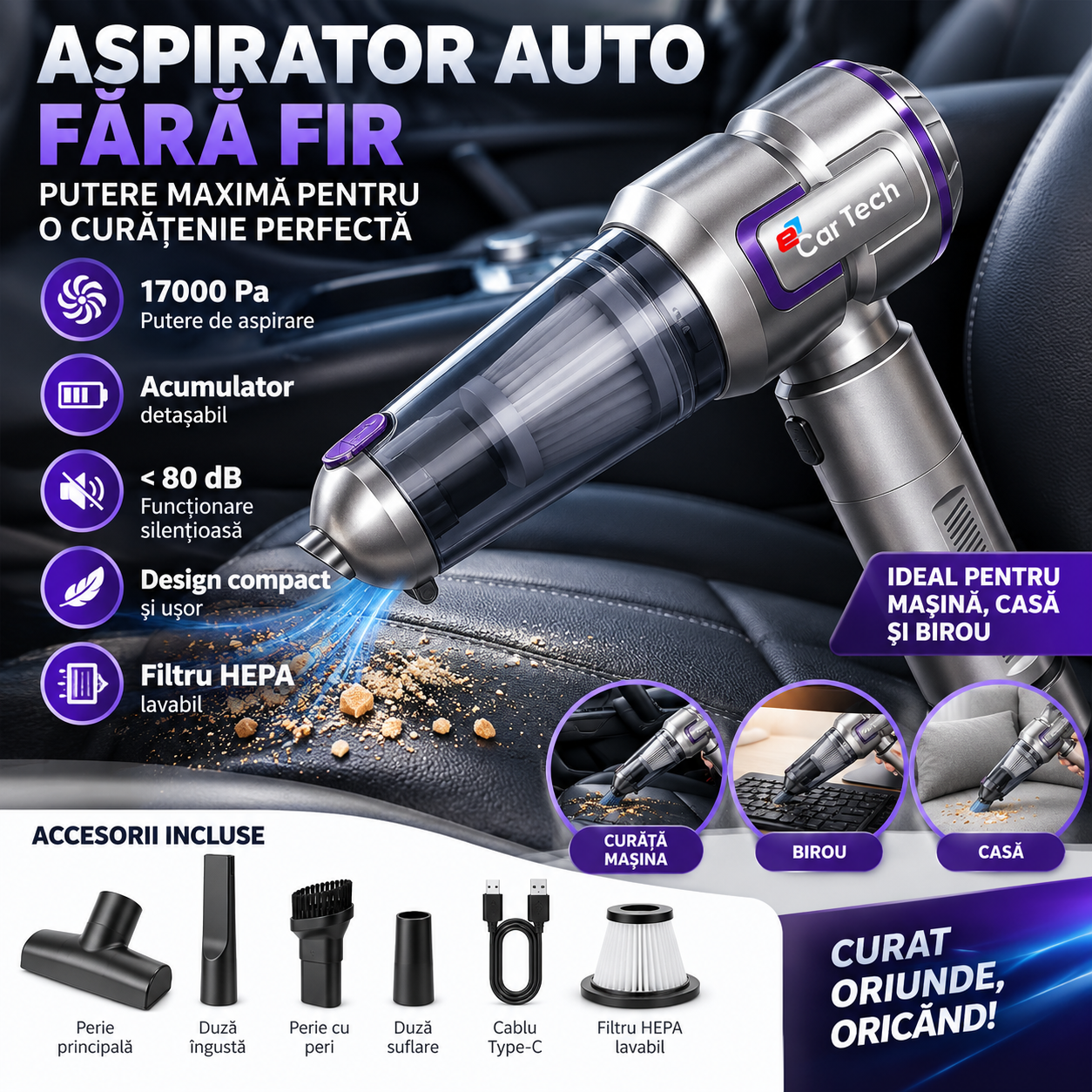 Aspirator Auto eCarTech® 4 în 1, 17000Pa, 100W, Acumulator Detasabil 6000mAh, Aspirare + Suflare + Umflare, Lanterna LED, Fara Fir, Portabil, pentru Auto si Casa [7]
