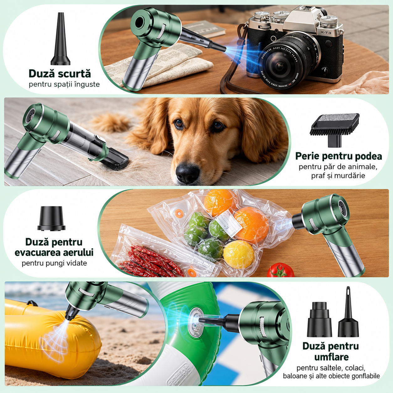 Aspirator Auto Portabil 4 în 1 eCarTech®  6693A PLUS, 22.000 Pa, 100W, Motor Brushless, 3 Trepte, Aspirare & Suflare, Maner Pliabil, Autonomie 30 min, Incarcare Type-C, Accesorii Incluse, Verde [6]
