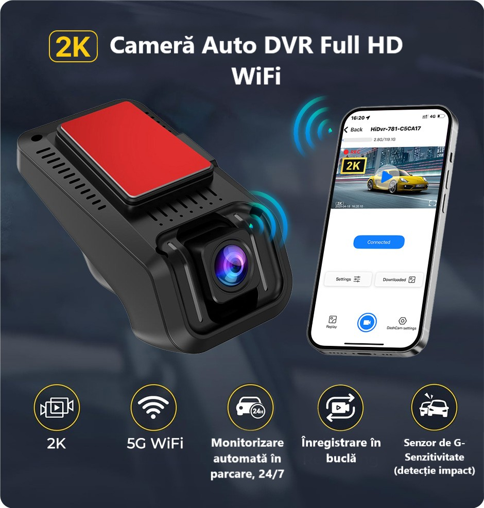 Cameră Auto DVR 2K cu Wi-Fi – Monitorizare 24/7, Viziune Nocturnă, G-Senzor și Înregistrare în Buclă [6]