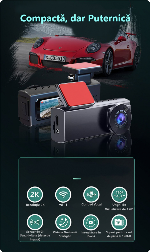 Cameră Auto DVR 2K Ultra HD – WiFi 5GHz, Viziune Nocturnă, G-Senzor, Control Vocal, unghi 170° [2]