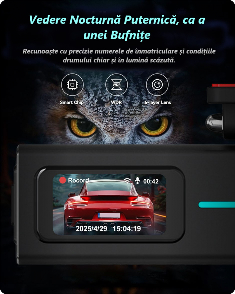 Cameră Auto DVR 2K Ultra HD – WiFi 5GHz, Viziune Nocturnă, G-Senzor, Control Vocal, unghi 170° [6]