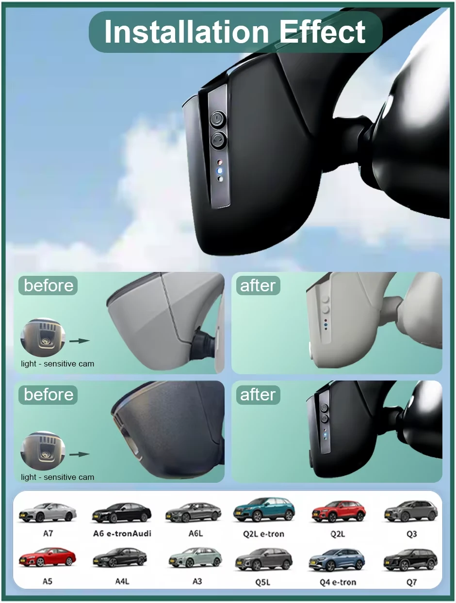 Cameră auto DVR 4K față + 1080p spate, Wi-Fi, Audi A4L High Version 2013–2018, orificiu pătrat senzor – cameră frontală neagră pe fundal alb [2]
