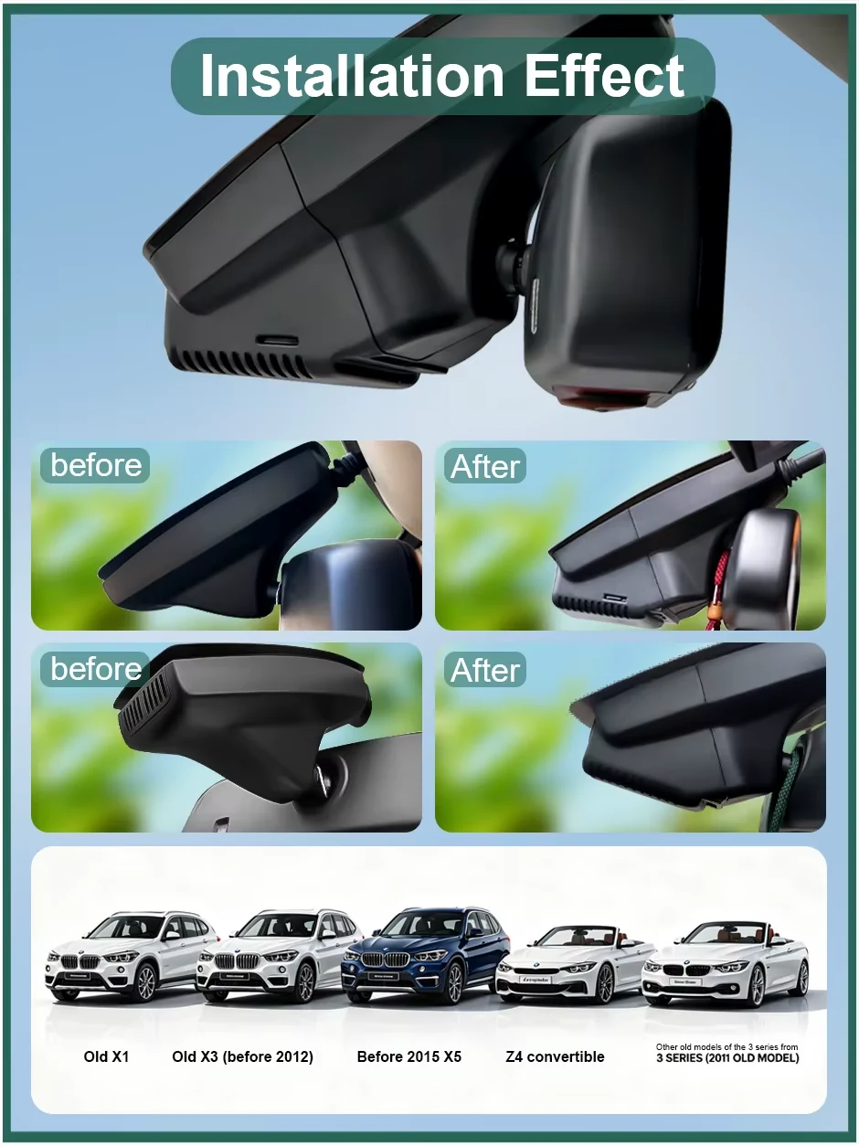 Camera auto DVR neagră pentru BMW Seria 3 / X1 / X3 / X5 / Z4 2005–2015, vedere produs pe fundal alb [4]