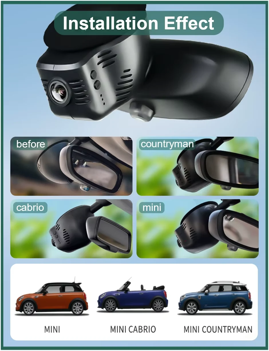 Camera auto DVR neagră pentru MINI / MINI Cabrio / MINI Countryman 2010–2025, vedere produs pe fundal alb [4]