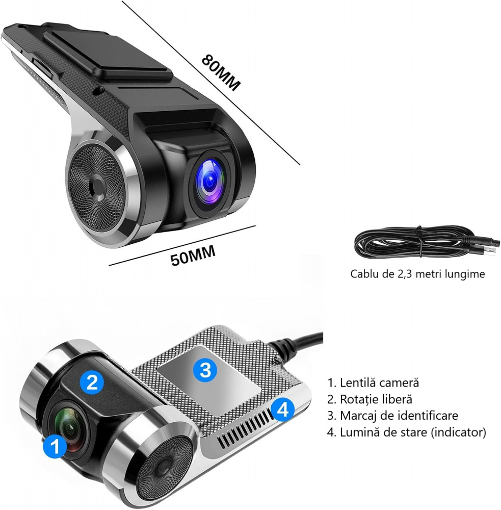 Cameră Auto DVR Compactă cu Înregistrare Full HD 720P, Design Discret și Funcții Inteligente – Compatibilă Android [15]