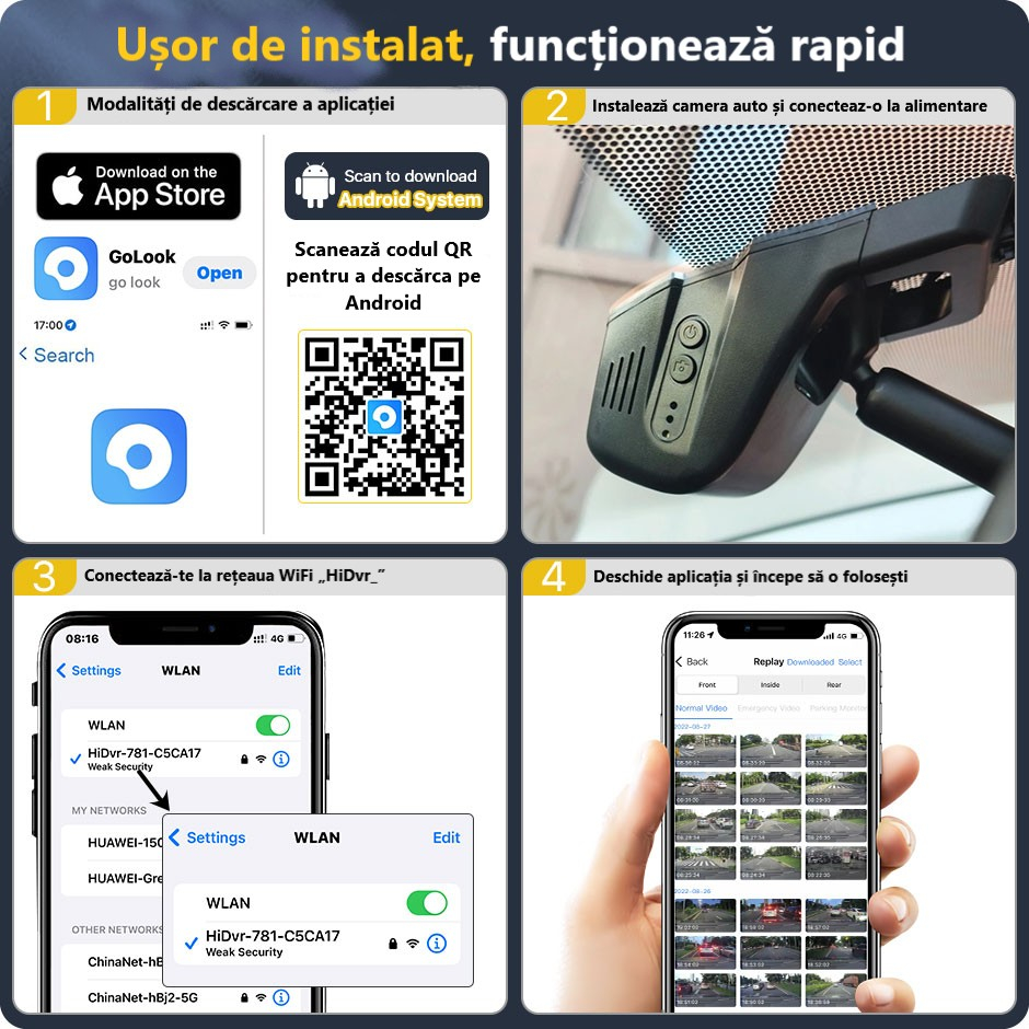 Cameră auto DVR cu rezoluție 2K, WiFi 5GHz, vedere pe timp de noapte, monitorizare 24 din 24 și senzor de impact [4]