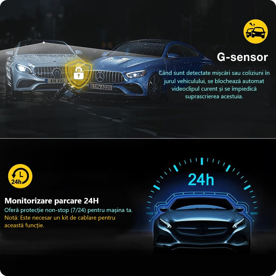 Cameră auto DVR cu rezoluție 2K, WiFi 5GHz, vedere pe timp de noapte, monitorizare 24 din 24 și senzor de impact [10]