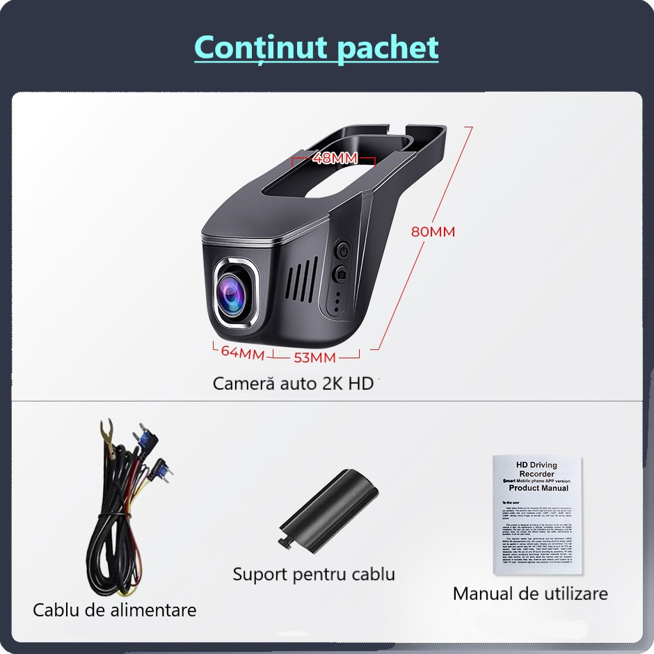 Cameră auto DVR cu rezoluție 2K, WiFi 5GHz, vedere pe timp de noapte, monitorizare 24 din 24 și senzor de impact [8]