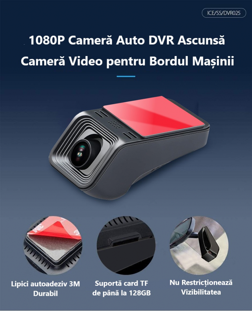 Cameră Auto DVR Full HD 1080P Ascunsă pentru Bord – Unghi Larg 140°, Suport TF 128GB, Obiectiv Rotativ, Vizibilitate Zi/Noapte [2]