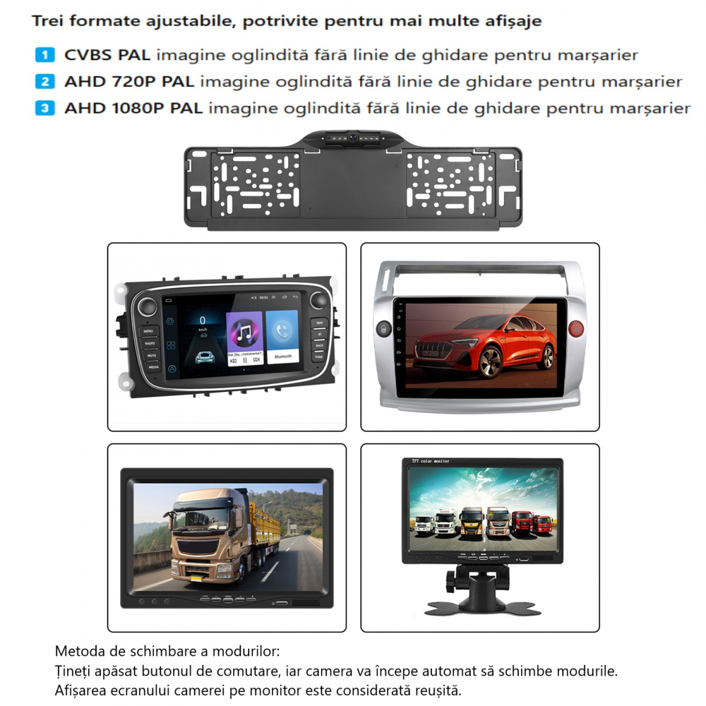 Camera Auto pentru Marsarier cu suport de numar, 170 grade, Night Vision IP67 Waterproof 720P/1080P/CVBS OEM [7]